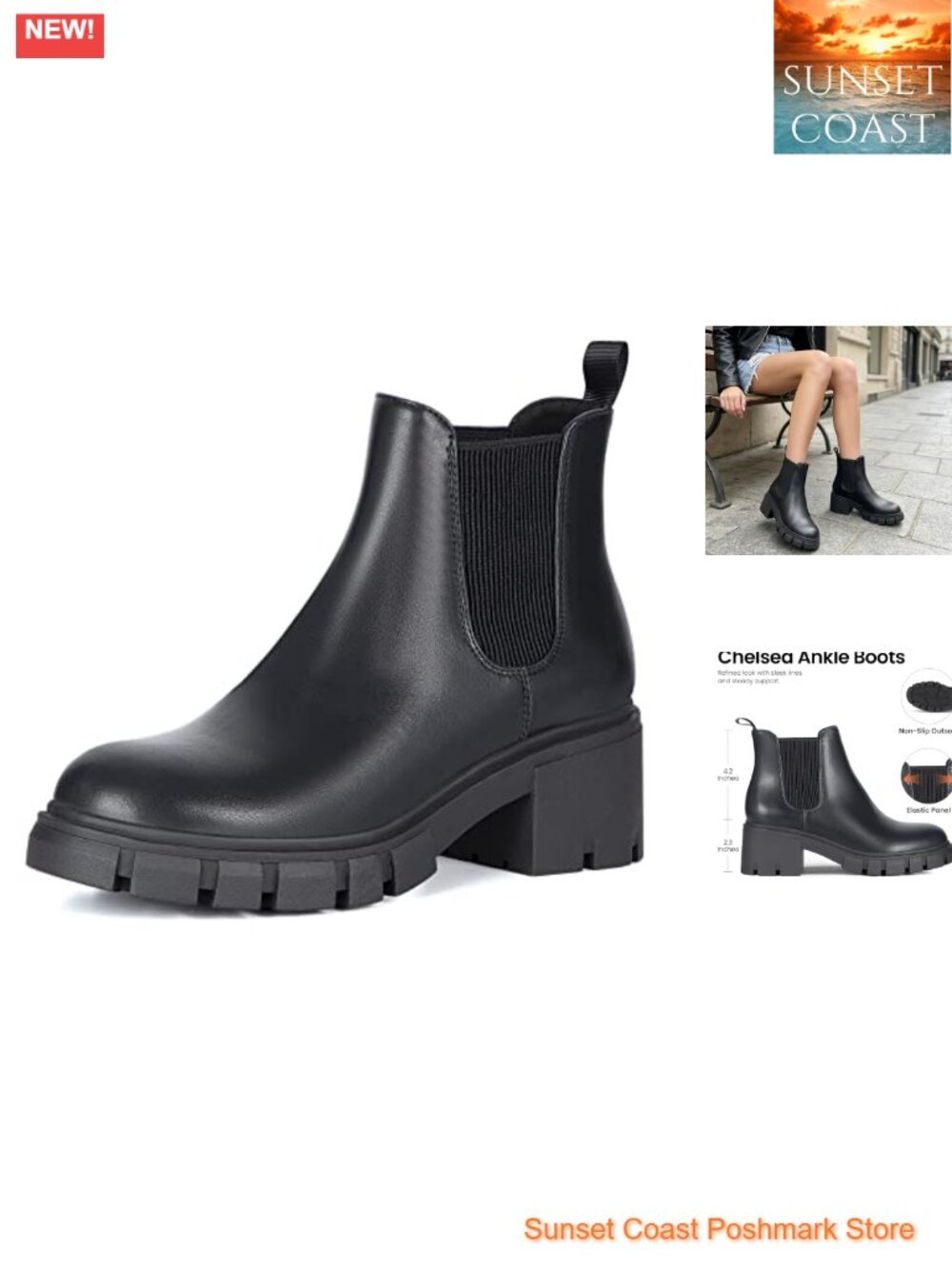 Chelsea Ankle Boots Slip On Faux Leather Suede Chunky Heel Block Heel
